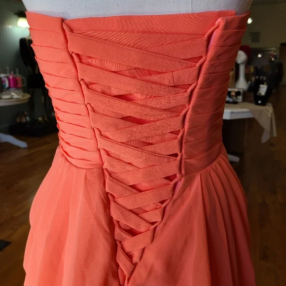 New Coral Peach Chiffon Strapless Dress - Picture 7 of 12